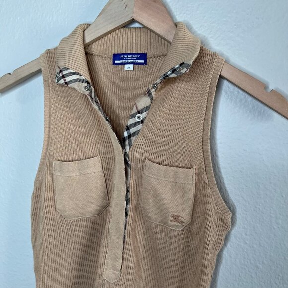 Burberry Blue Label Sleeveless Ribbed Collared Nova Check Trim Top 38 Japan S US - Picture 2 of 11